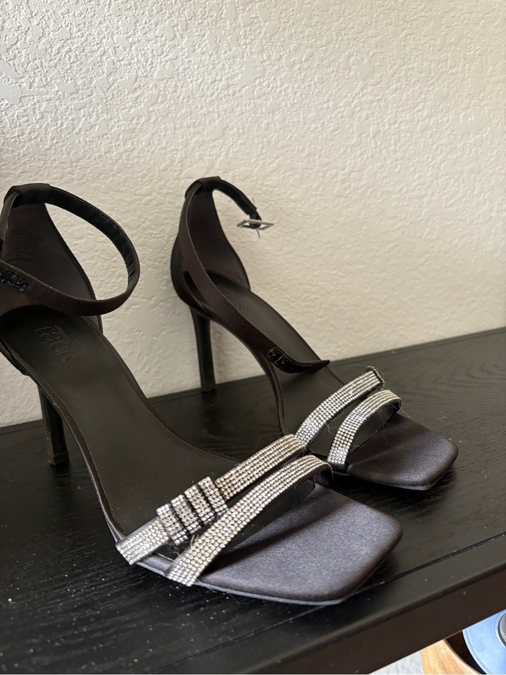 Nordstrom rack Elegant Black Satin Ankle-Strap Heels with Rhinestone Straps
